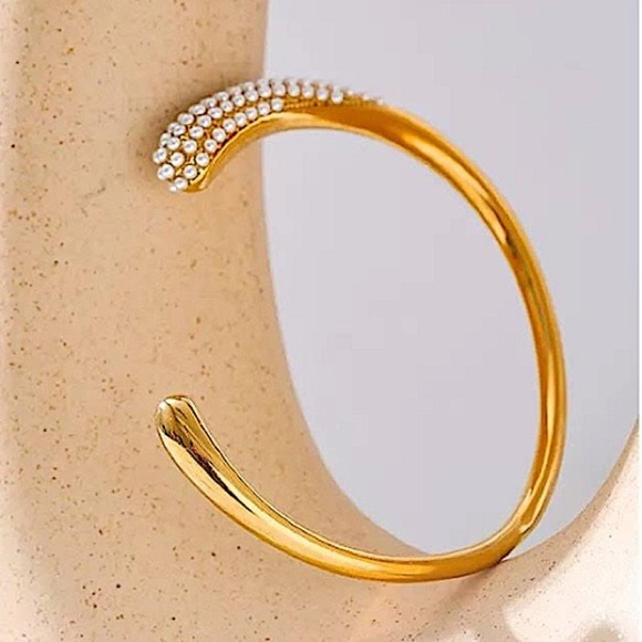 Luxury Pearl Irregular Bangle Cuff Edgy Geometric Gold Plated Women’s - Picture 4 of 9